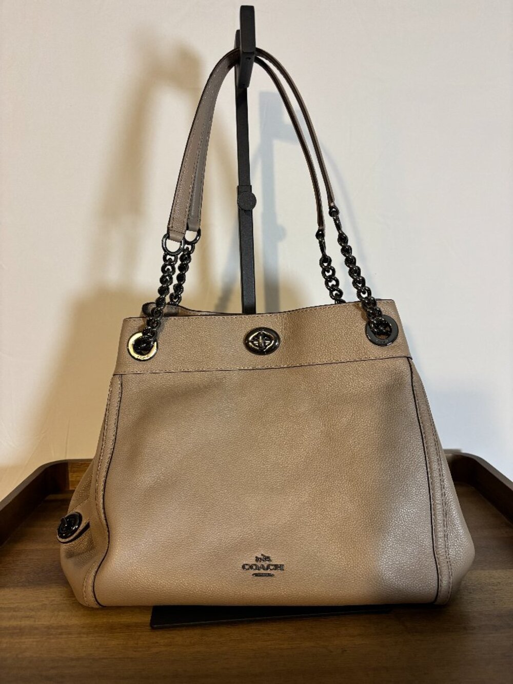 Coach Edie Turnlock Taupe Gray Chain Straps Leather Shoulder Bag